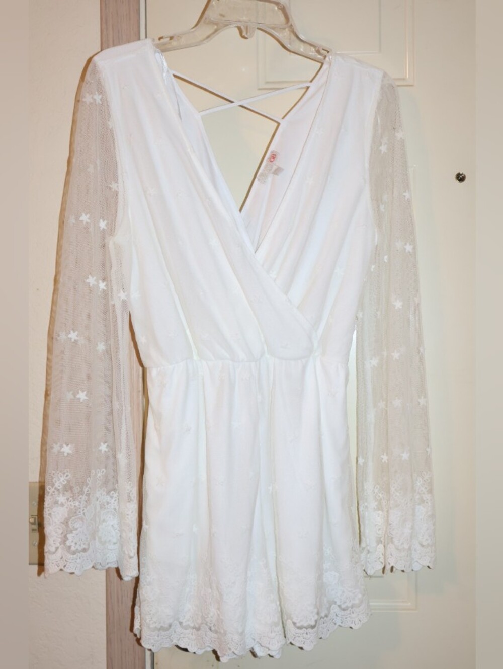 Gianni Bini White Lace Star Embroidered Long Bell-Sleeve Romper. - Picture 2 of 15